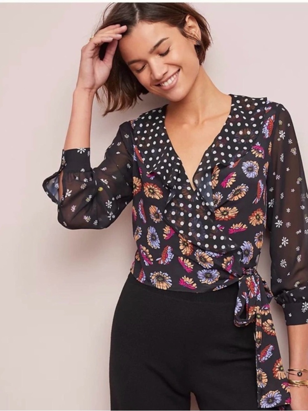 Anthropologie Black Floral & Polka Dot Wrap Blouse